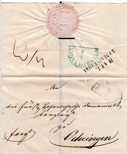 Bayern 1841, HKS ROTHENBURG (ohne a/T!) auf Franko Brief n. Württemberg.