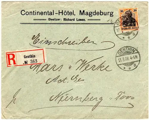 DR 1908, EF 30 Pf. Germania auf Hotel Brief v. Genthin n. Nürnberg