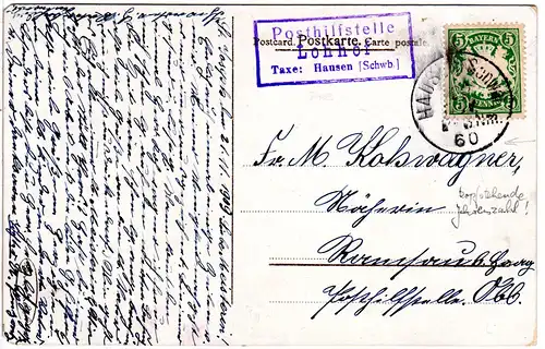 Bayern 1909, Posthilfstelle LOHHOF Taxe Hausen auf Karte m. 5 Pf.