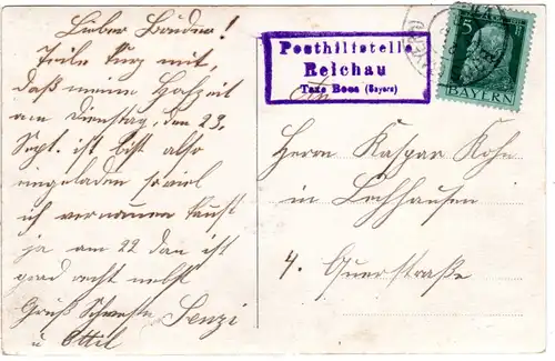 Bayern 1913, Posthilfstelle REICHAU Taxe Boos klar auf Karte m. 5 Pf.