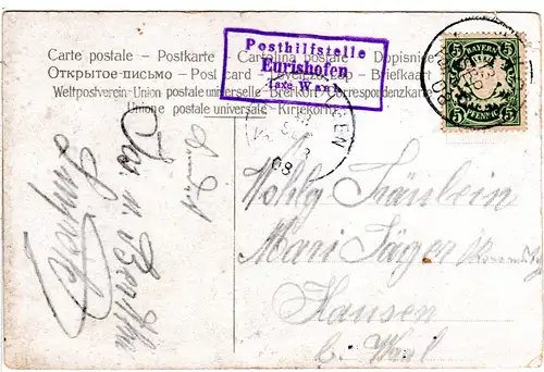 Bayern 1908, Posthilfstelle EURISHOFEN Taxe Waal klar auf Karte m. 5 Pf.