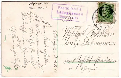 Bayern 1916, Posthilfstelle LUDENHAUSEN Taxe Issing (Typ 2) auf AK m. 5 Pf.