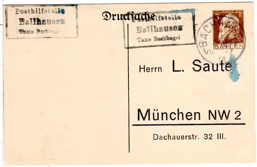 Bayern 1913, Posthilfstelle BALLHAUSEN Taxe Bachhagel auf 3 Pf. Privat-Ganzsache
