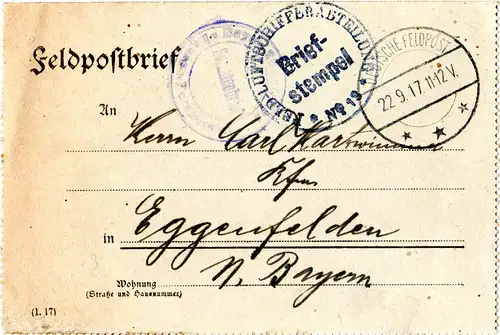 Feldpost WK I, Briefstpl. FELD-LUFTSCHIFFERABTEILUNG No.19 auf FP-Kartenbrief