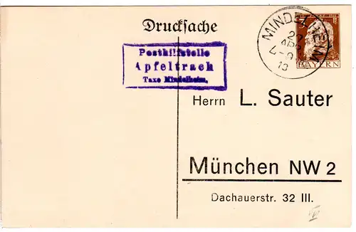 Bayern 1913, Posthilfstelle APFELTRACH Taxe Mindelheim auf 3 Pf. Privatganzsache