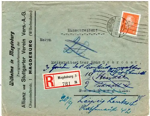 DR 1928, EF 45 Pf. m. Firmenlochung auf Einschreiben Brief v. Magdeburg