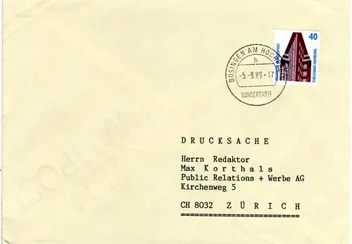 BRD 1989, 40 Pf. SONDERTARIF-Drucksache v. der Exclave BÜSINGEN i.d. Schweiz.