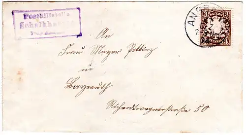 Bayern 1904, Posthilfstelle SCHALKHAUSEN Taxe Ansbach auf Brief m. 3 Pf.