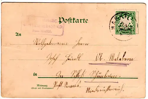 Bayern 1908, Posthilfstelle STAMMHAM Taxe Marktl auf Karte m. 5 Pf. u. BP
