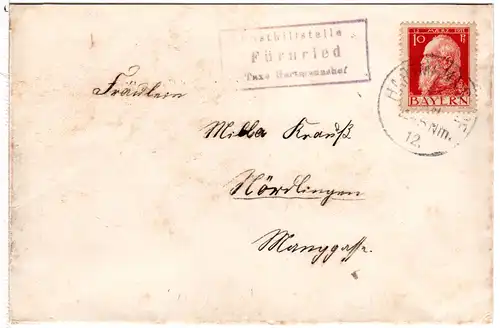 Bayern 1912, Posthilfstelle FÜRNRIED Taxe Hartmannshof auf Brief m. 10 Pf.