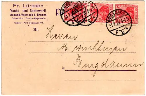 DR 1920, MeF 3x10 Pf. Germania auf Karte Yacht- u. Bootswerft Aumund-Vegesack