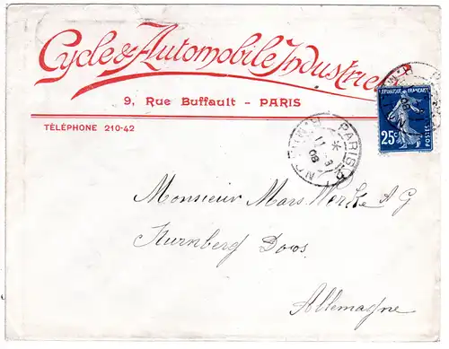 Frankreich 1908, 25 C. auf schönem Umschlag Cycle 6 Automobile Industriels
