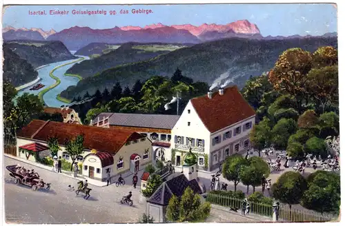 Einkehr Geiselgasteig im Isartal, 1917 gebr. Gasthaus Farb-AK m. 