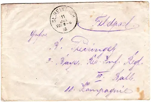 Bayern 1918, ungewöhnlicher Oberbayern-K1 St. Heinrich auf Feldpost-Brief