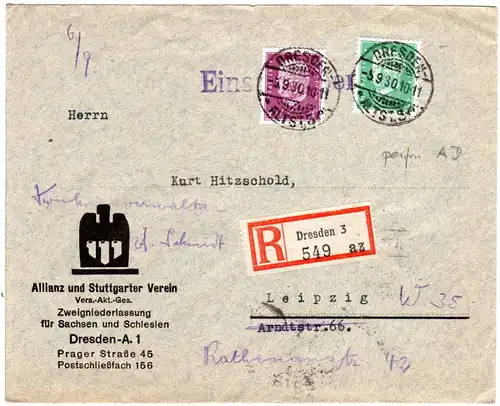 DR 1930, 5+40 Pf. m. Firmenlochung auf Einschreiben Brief v. Dresden