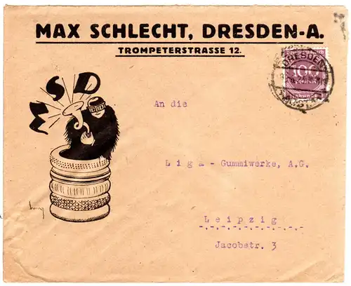 DR 1923, EF 100 Mk. auf illustriertem Autoreifen Firmen Brief v. Dresden