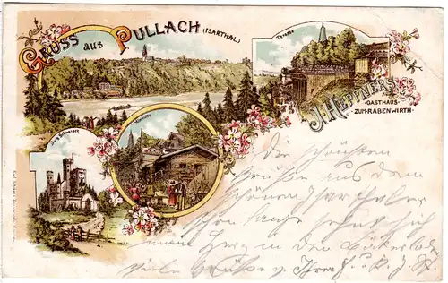 Gruss aus Pullach, m. J. Heppner´s Gasthaus Zum Rabenwirt, 1897 gebr. Litho-AK
