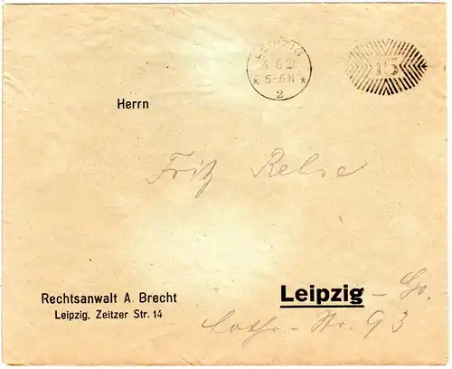 DR 1921, 15 Pf. Maschinen-Postfreistempel auf Orts-Drucksache v. Leipzig