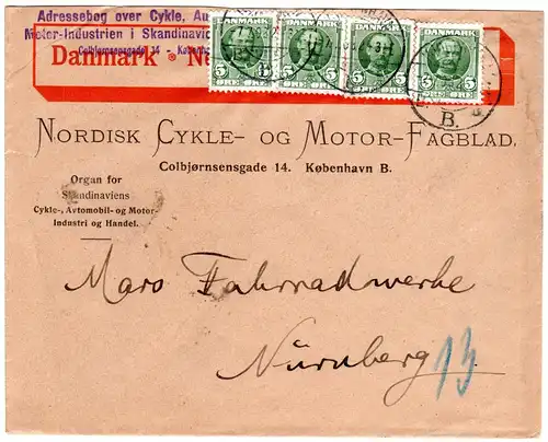 Dänemark 1908, 4x5 öre auf Umschlag Nordisk Cycle- Og Motor- Fagblad 