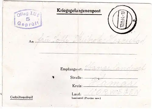DR 1944, KGF Zensurbrief v. Oflag XXIc Schildberg, Wartheland n. Hamar, Norwegen