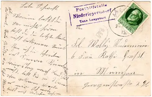 Bayern 1915, Posthilfstelle NIEDERLEYERNDORF Taxe Langquaid auf Karte m. 5 Pf. 