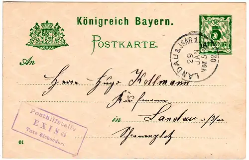 Bayern 1902, Posthilfstelle EXING Taxe Eichendorf klar auf 5 Pf. Ganzsache