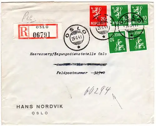 Norwegen 1941, 5 Marken auf Reko Brief v. Oslo an Dt. Feldpost 31740, dann 00294