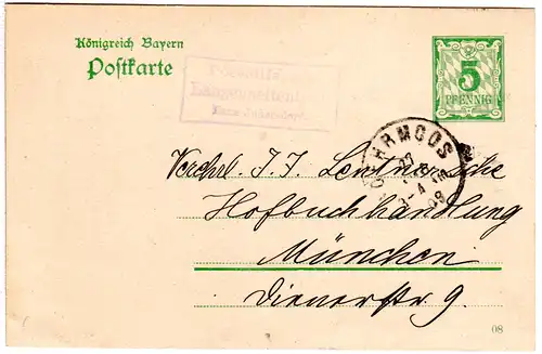 Bayern 1909, Posthilfstelle LANGENPETTENBACH Taxe Indersdorf auf 5 Pf. Ganzsache