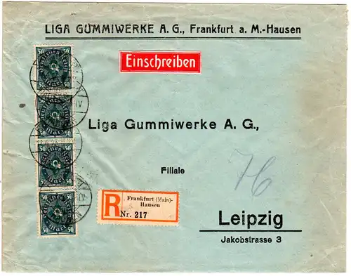 DR 1923, MeF 4x50 Mk. auf Firmen Einschreiben Brief v. Frankfurt (Main)-Hausen.