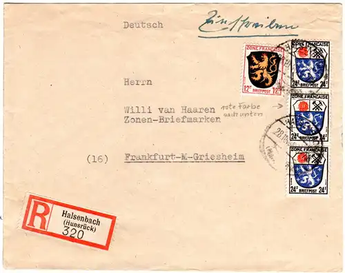 Französ. Zone 1946, 12+3x24 F. auf Einschreiben Brief v. HALSENBACH (Hunsrück).