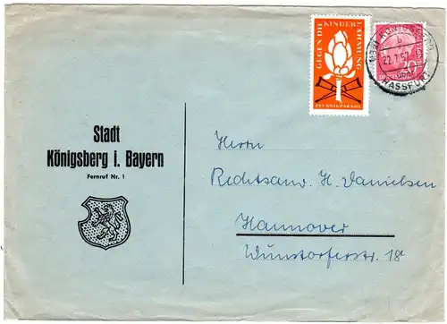 BRD 1957, 20 Pf. u. Kinderlähmumg-Vignette auf Gemeinde Brief v. Königsberg Bay.