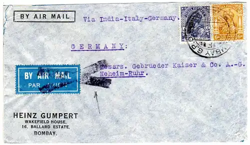 Indien 1930, 6+3 A.6P. auf Luftpost Brief v. Bombay n. Deutschland.