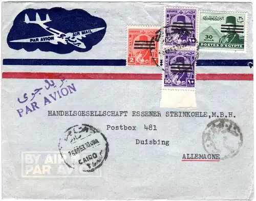Ägypten 1953, 4 Überdruckmarken auf Luftpost Zensur Brief n. Deutschland