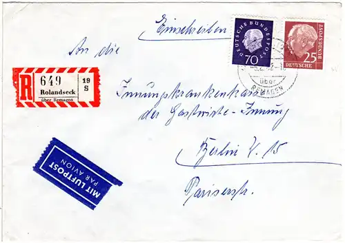 BRD 1962, 25+70 Pf Heuss auf Einschreiben Luftpost Brief v. Rolandseck n. Berlin