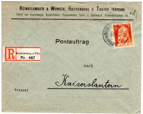 Bayern 1913, EF 30 Pf. Luitpold auf Postauftrag-Brief v. Rothenburg i.d. Pfalz