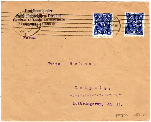 DR 1922, MeF 2x6 Mk. m. Firmenlochung auf Brief v. Hamburg
