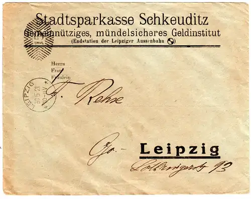 DR 1921, 15 Pf. Maschinen-Postfreistempel auf Drucksache v. Leipzig Schkeuditz