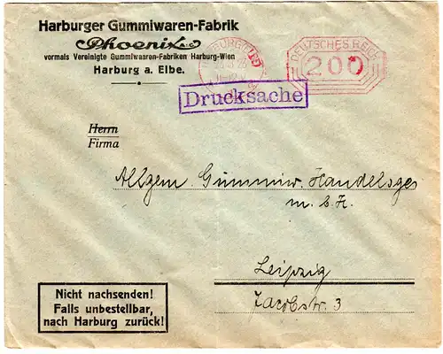 DR 1923, 200 Mk. Maschinen-Postfreistempel auf Drucksache v. Harburg (Elbe)