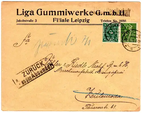 DR 1923, 100 Pf.+4 Mk. auf Retour Brief v. Leipzig n. Zeulenroda m. Zurück-Stpl.