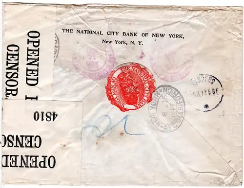USA 1917, 15 C. m. perfin auf WW I Reko Zensur Brief v. NY n. Dänemark
