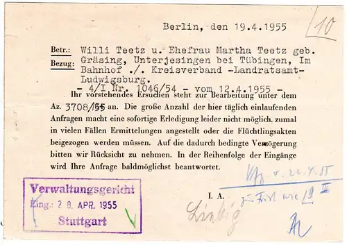 Berlin 1955, MeF 3x5 Pf. auf Luftpost Karte v. Zehlendorf n. Stuttgart