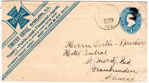 USA 1895, 1 C. Ganzsache Brief m. Werbung v. Highland Illinois i.d. Schweiz