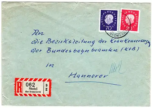 BRD 1962, 20+70 Pf Heuss auf Einschreiben Brief v. Stotel über Bremerhaven