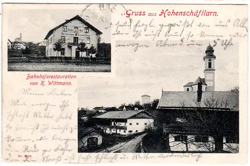 Gruss aus Hohenschäftlarn m. Bahnhofs Gaststätte, 1907 gebr. sw-AK