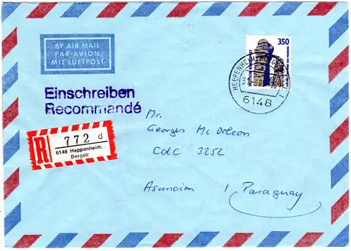 BRD 1989, EF 3,50 DM auf Luftpost Einschreiben Brief v. Heppenheim n. Paraguay.