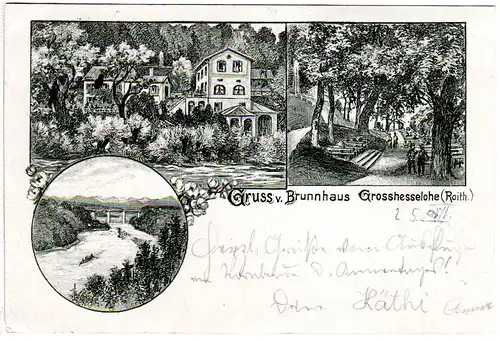 Gruss v. Brunnhaus Grosshesselohe, frühe, 1897 gebr. AK