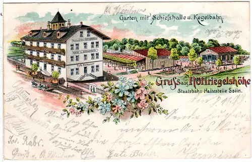 Gruss aus Höllriegelshöhe m. Restauration/Gasthaus, 1899 gebr. Litho-AK