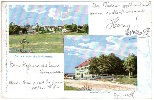 Gruss aus Baierbrunn m. Gasthaus zur Post, 1901 gebr. Farb-AK