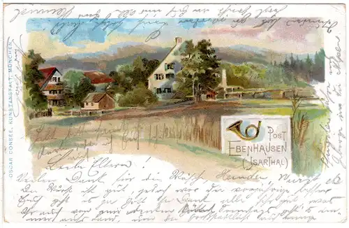 Post Ebenhausen (Isartal), 1901 gebr. Litho-AK