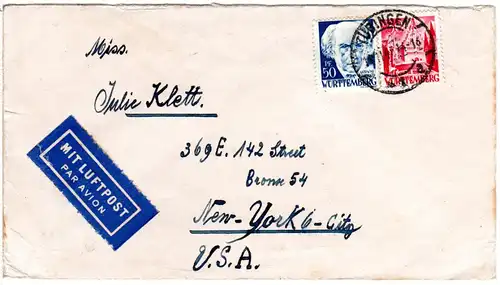  Französ. Zone 1947, 30+50 Pf. Württemberg auf Luftpost Brief v. Tübingen n. USA
